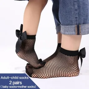 2 Pair Women & Girls Bow Ankle High Lace Fishnet Mesh Socks