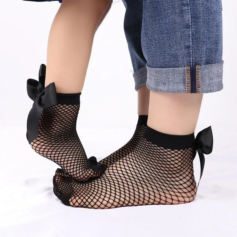 2 Pair Women & Girls Bow Ankle High Lace Fishnet Mesh Socks