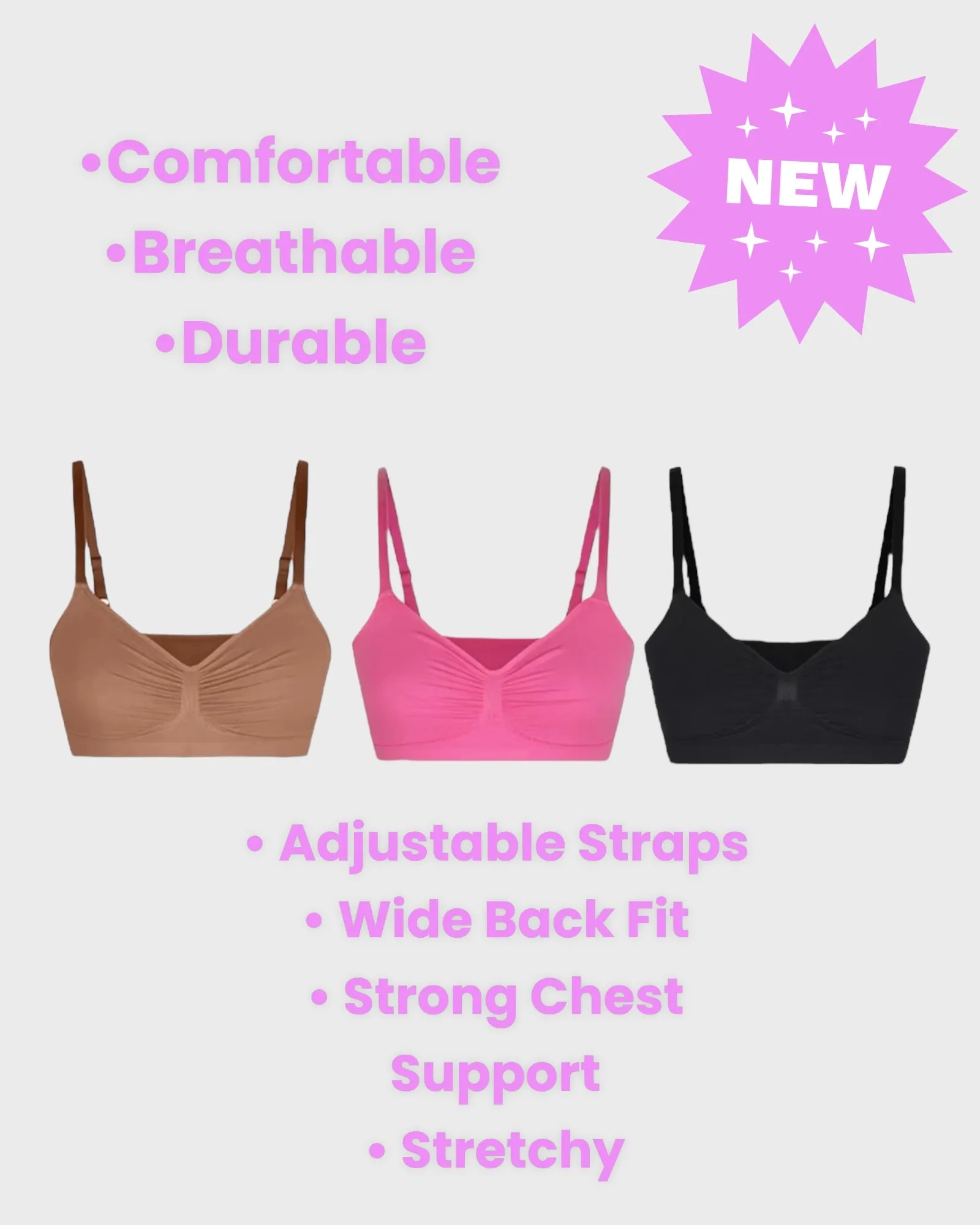 3 Pack- Seamless Shaping Bralettes With Adjustable Strap