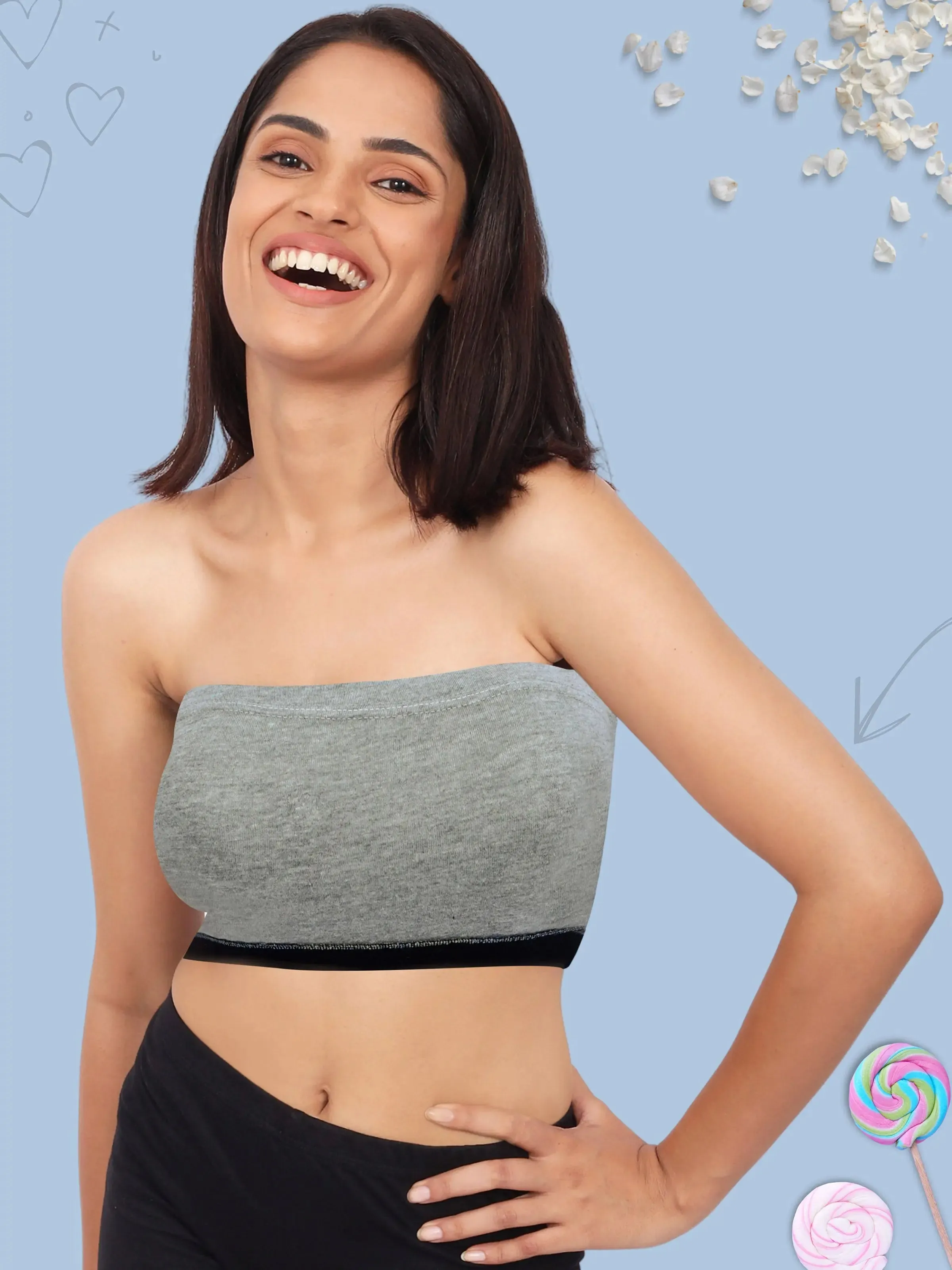 DOUBLE-LAYER COTTON STRAPLESS BRA | NON-PADDED TUBE BRA | SOLID GREY