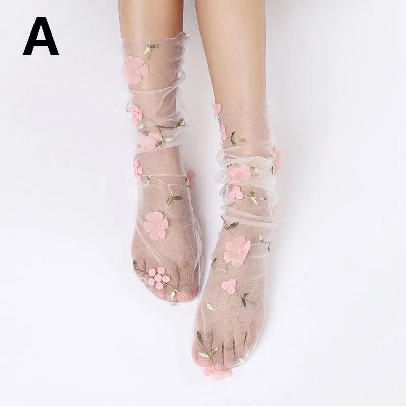 Floral Embroidery Tulle Socks - 4 Colors