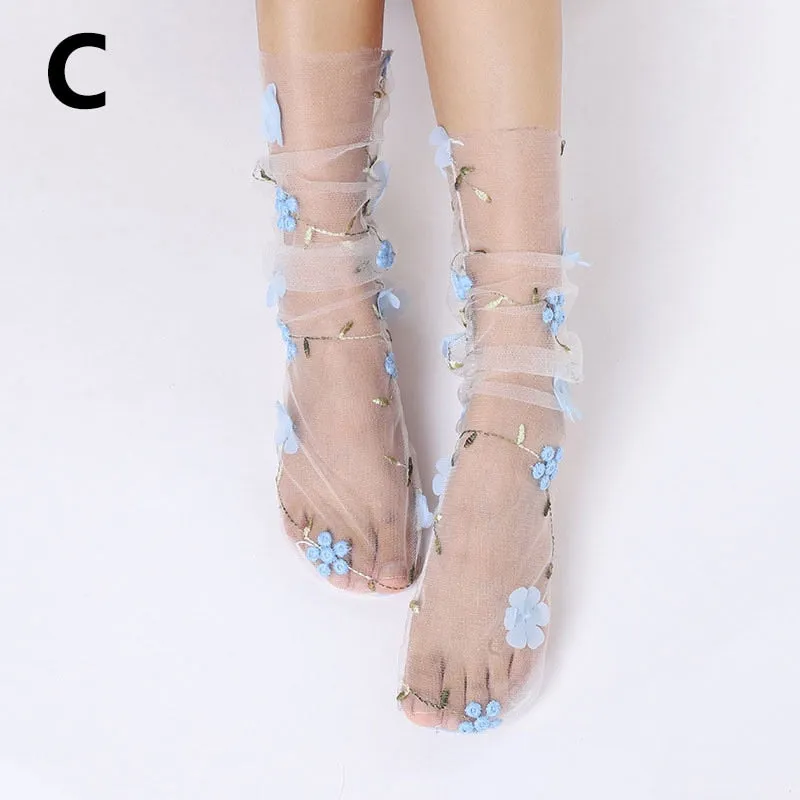 Floral Embroidery Tulle Socks - 4 Colors