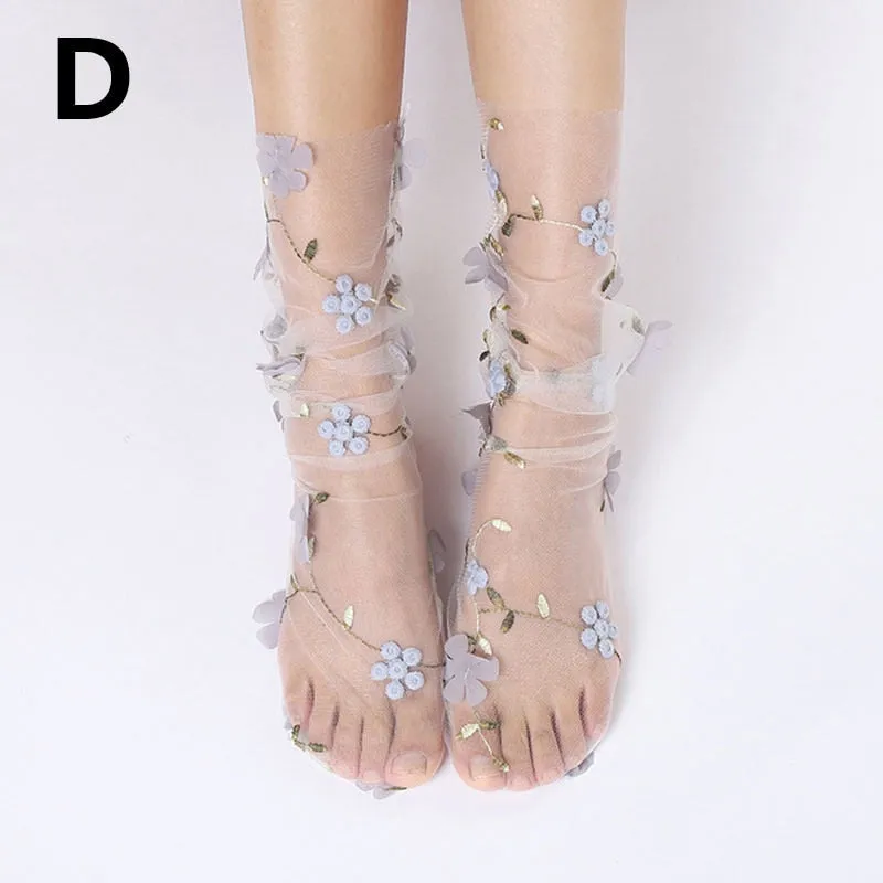 Floral Embroidery Tulle Socks - 4 Colors