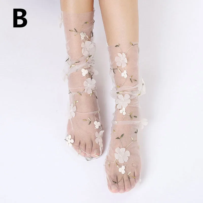 Floral Embroidery Tulle Socks - 4 Colors