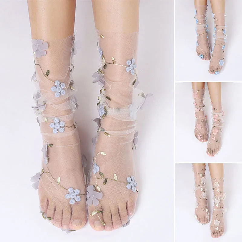 Floral Embroidery Tulle Socks - 4 Colors