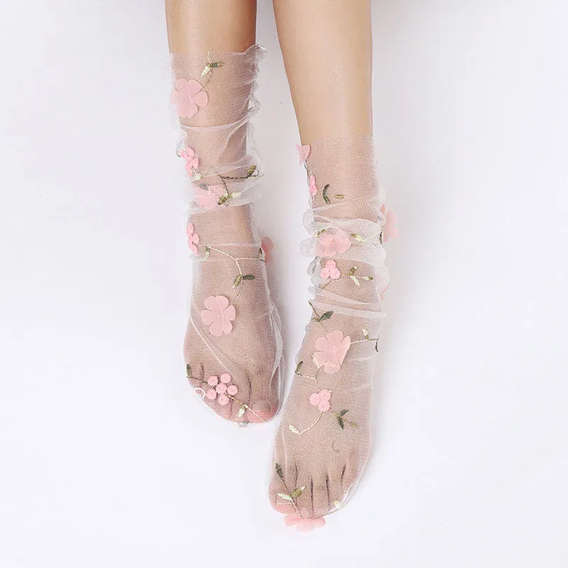 Floral Embroidery Tulle Socks - 4 Colors