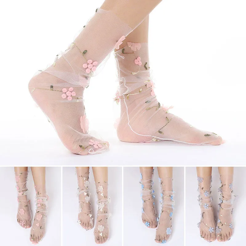 Floral Embroidery Tulle Socks - 4 Colors