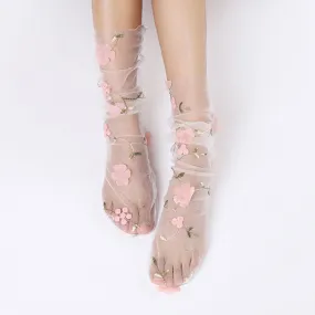 Floral Embroidery Tulle Socks - 4 Colors