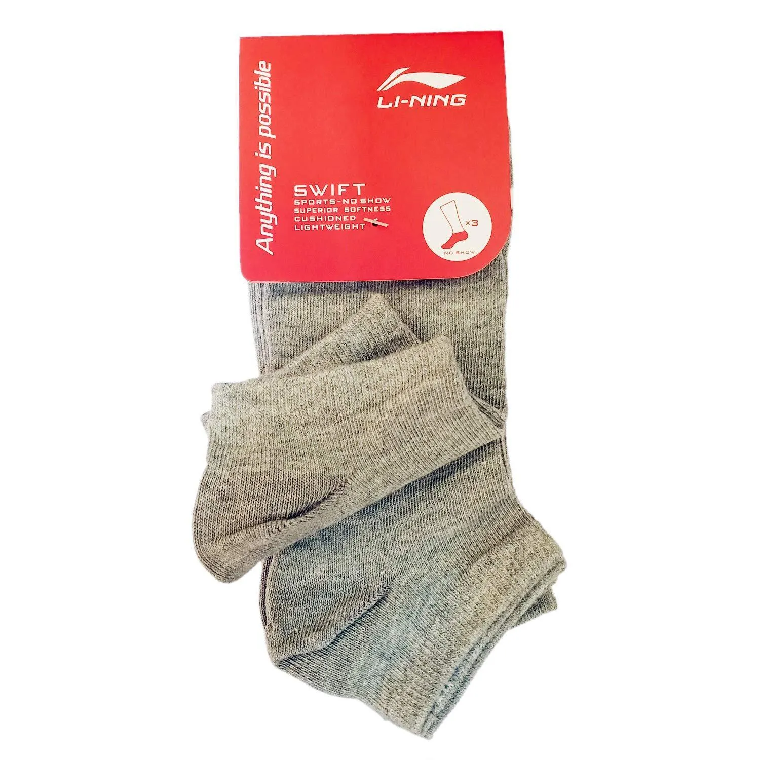 Li-Ning Cotton Men's Sports Socks, No-Show, Pack of 3, Grey