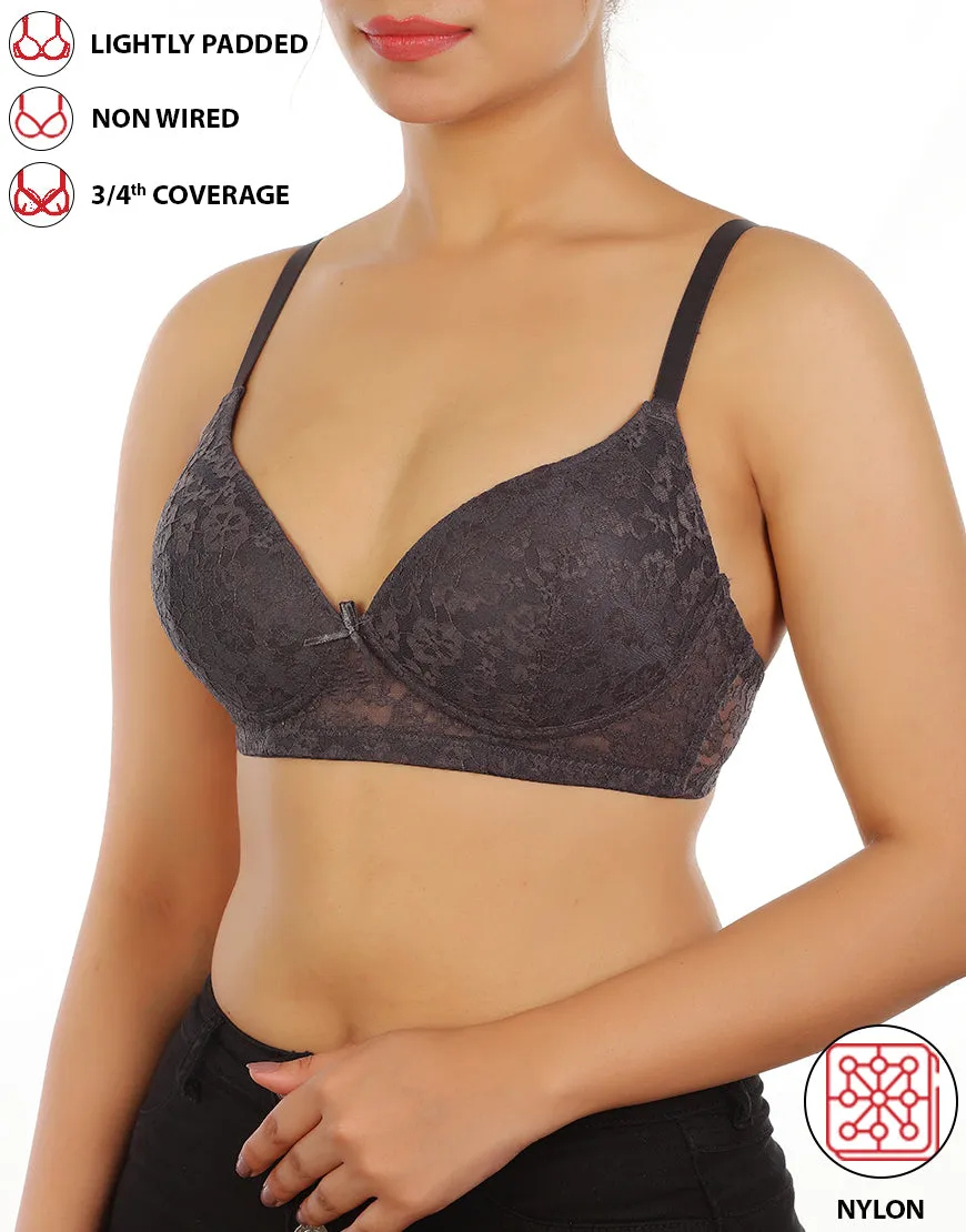 LIGHTLY PADDED WIRE-FREE 3/4TH COVERAGE ALL OVER LACE BRA- FORGGED IRON