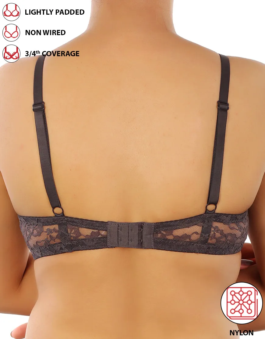 LIGHTLY PADDED WIRE-FREE 3/4TH COVERAGE ALL OVER LACE BRA- FORGGED IRON