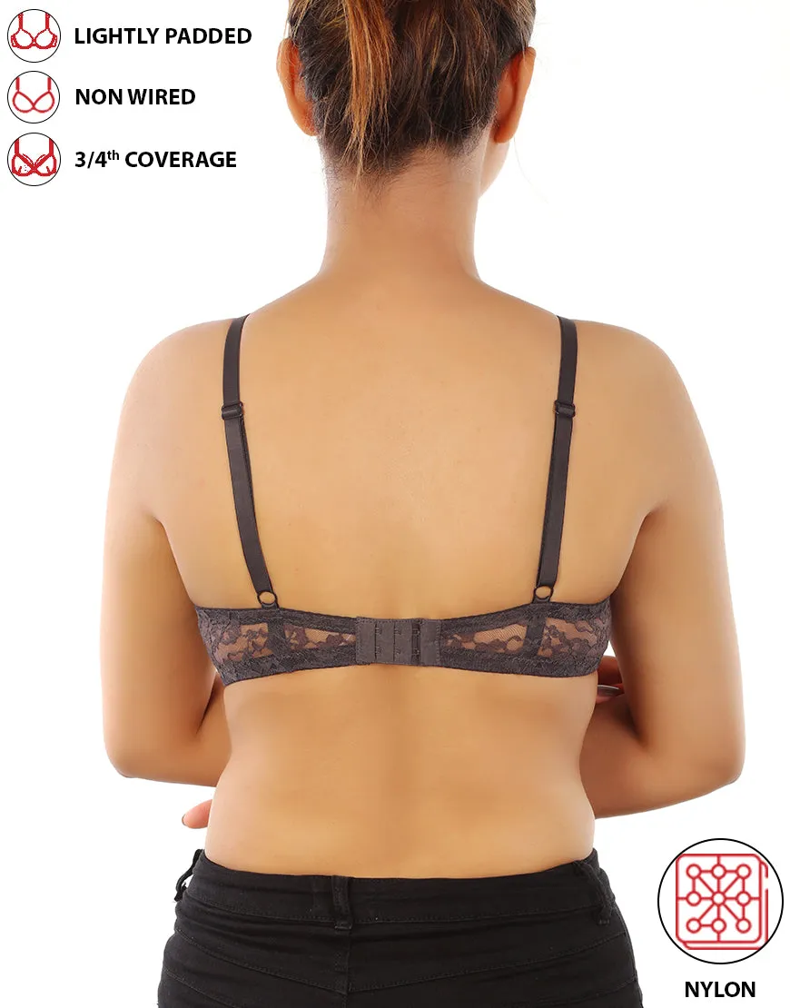 LIGHTLY PADDED WIRE-FREE 3/4TH COVERAGE ALL OVER LACE BRA- FORGGED IRON