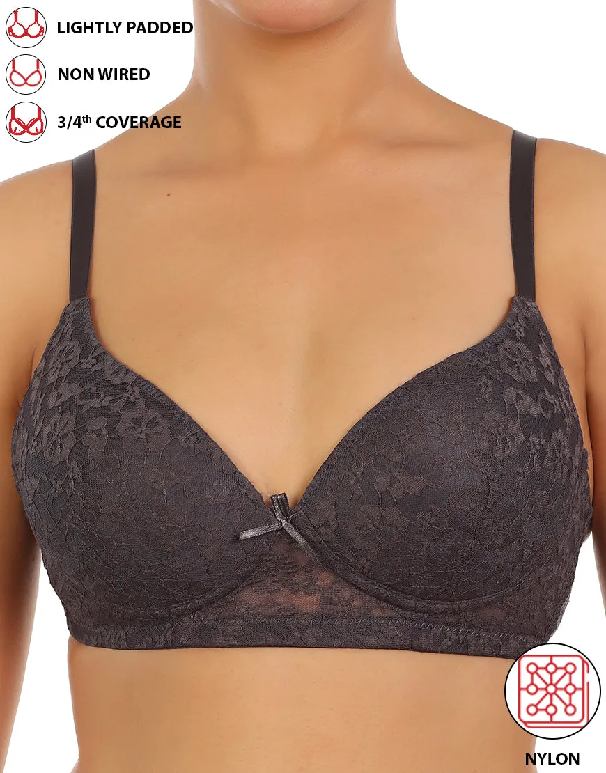 LIGHTLY PADDED WIRE-FREE 3/4TH COVERAGE ALL OVER LACE BRA- FORGGED IRON