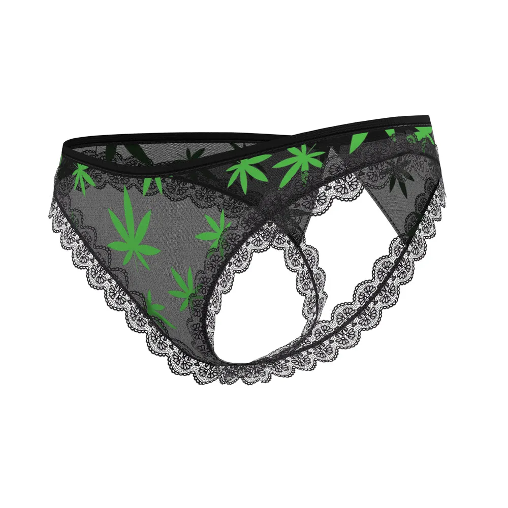 Magic Silk Hazy Dayz Crotchless Panty with Open Back Pot Leaf L/XL