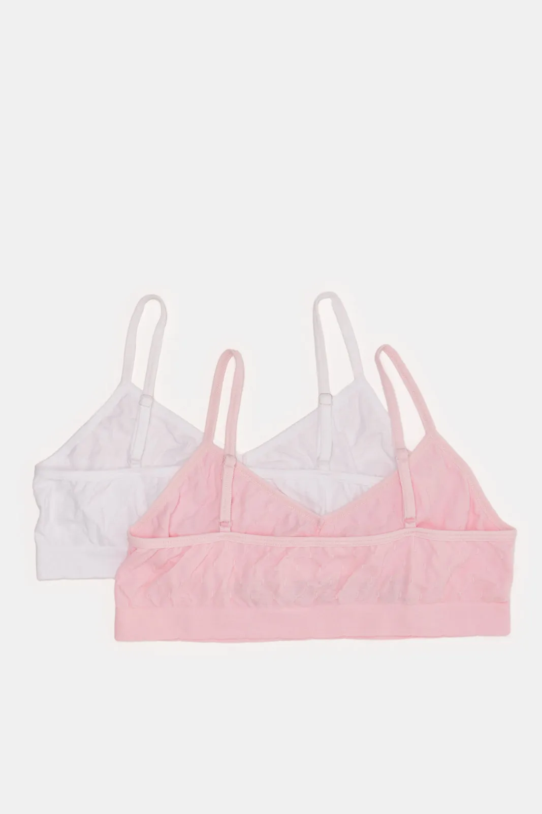 Senior Girls White And Pink Jacquard Bra Set (2 Piece)