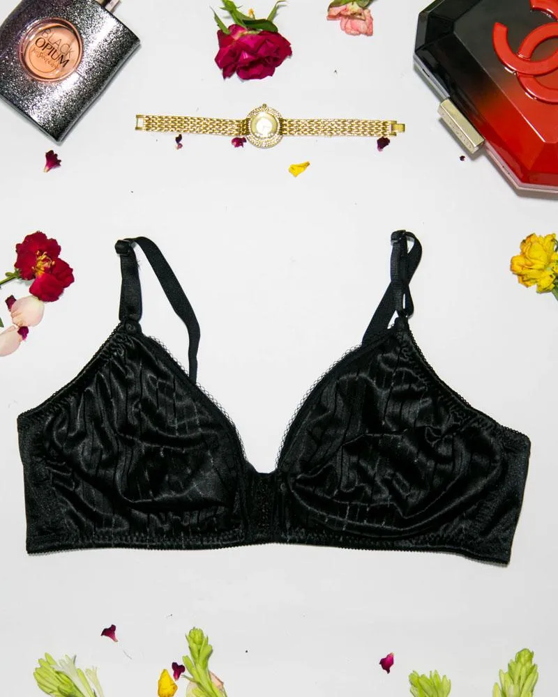 Soft Cotton Silk Self Design Non Wired-Non Padded Basic Bra - Black