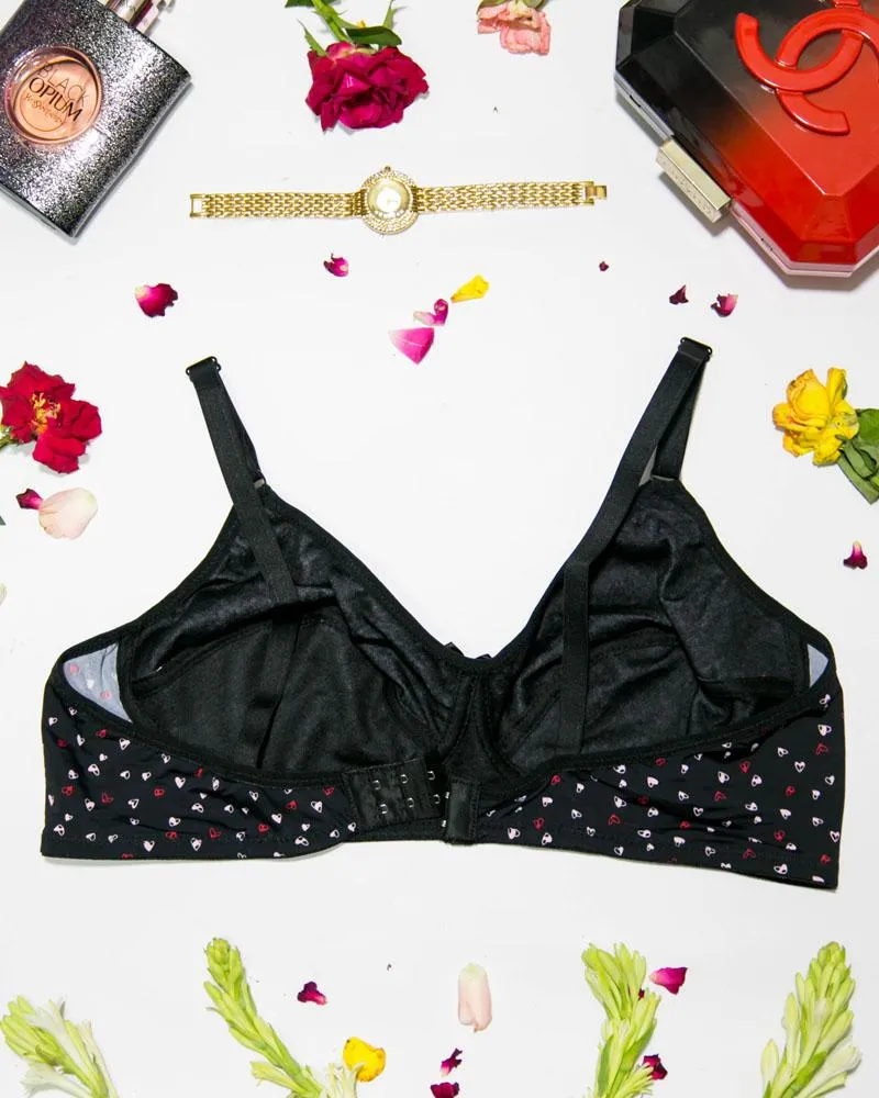 Women's Cotton Printed Black Bra - Non Padded Bra - 700