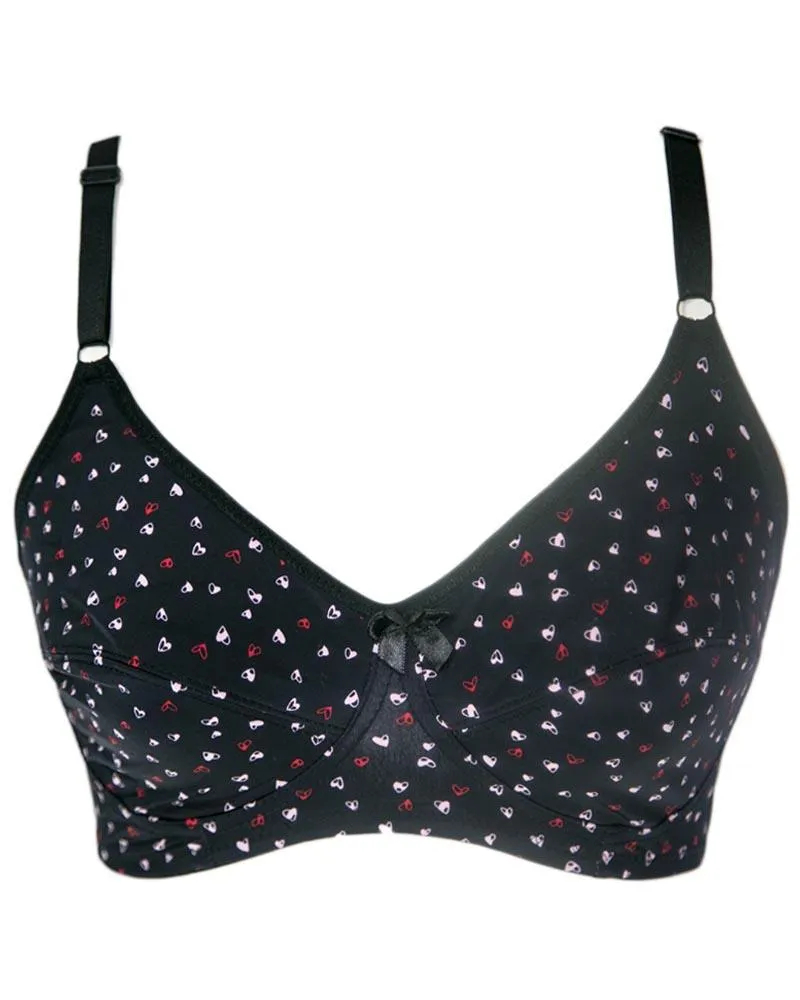 Women's Cotton Printed Black Bra - Non Padded Bra - 700