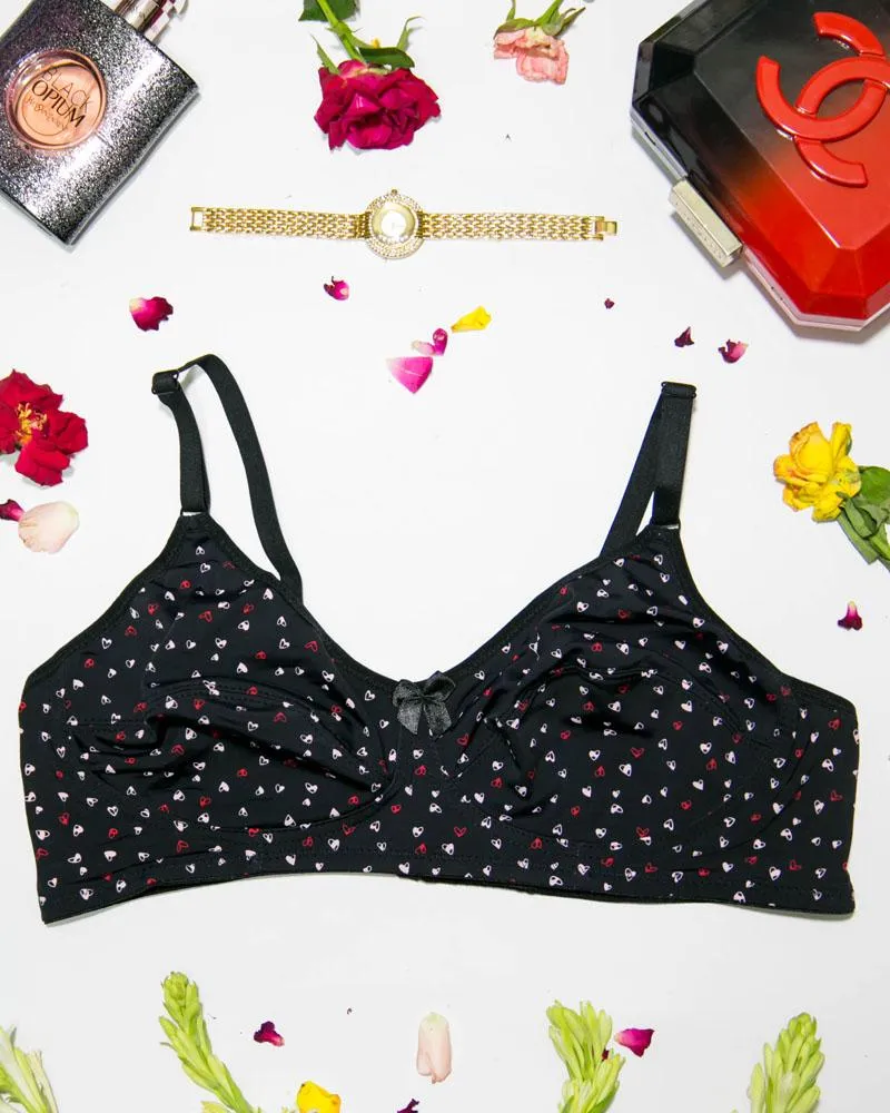 Women's Cotton Printed Black Bra - Non Padded Bra - 700